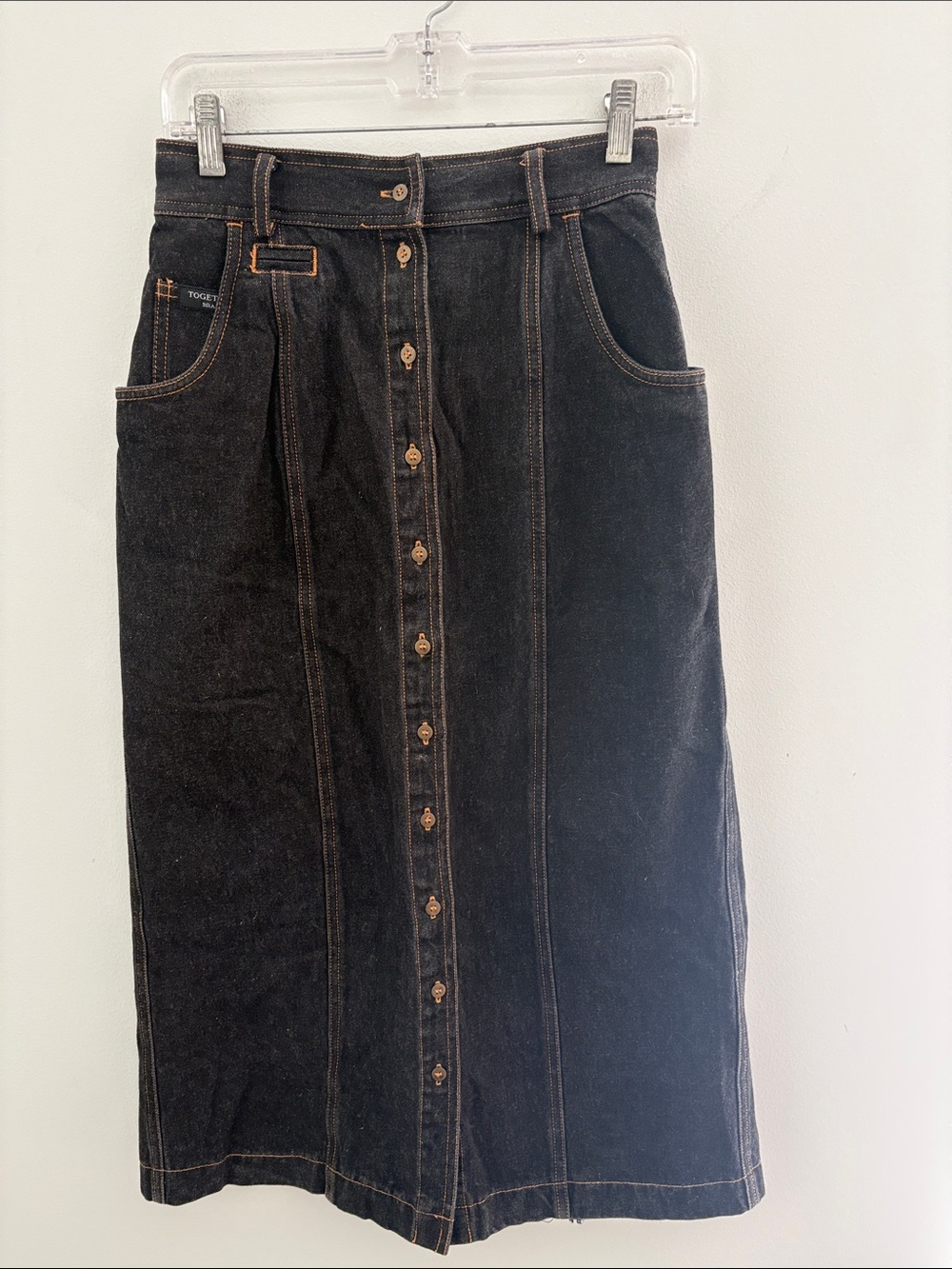 Vintage Black Denim Button-Front Midi Skirt- Size 9 (fits size Small)
